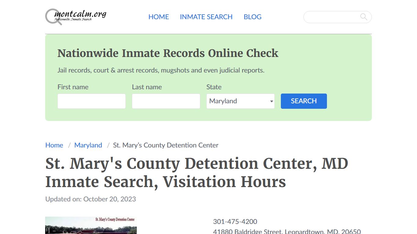 St. Mary's County Detention Center, MD Inmate Search, Visitation Hours
